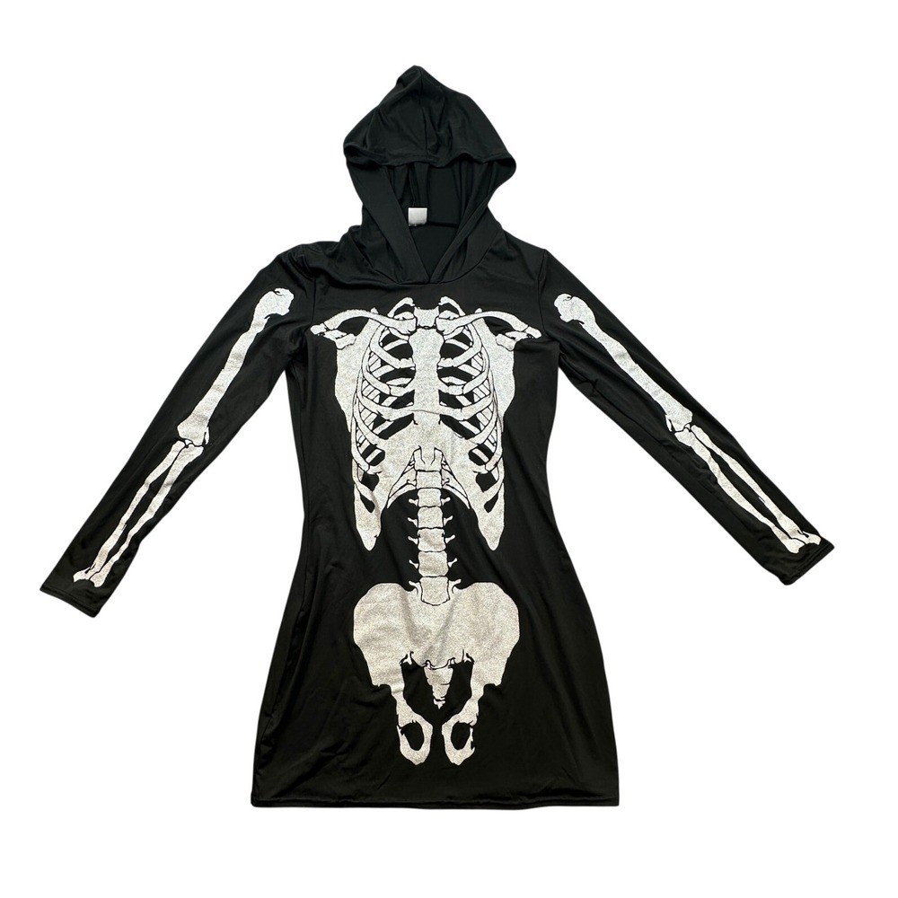Spirit Halloween Women Black Silver Glitter Skeleton Hooded Mini Dress Medium